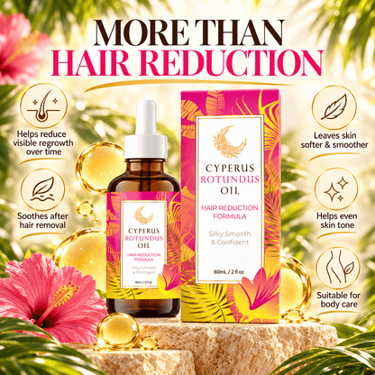 Cyperus Rotundus Oil for Natural Hair Reduction in a bottle beside its box on a textured surface.
