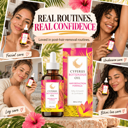 Cyperus Rotundus Oil shown with facial, leg, underarm and bikini area care graphics