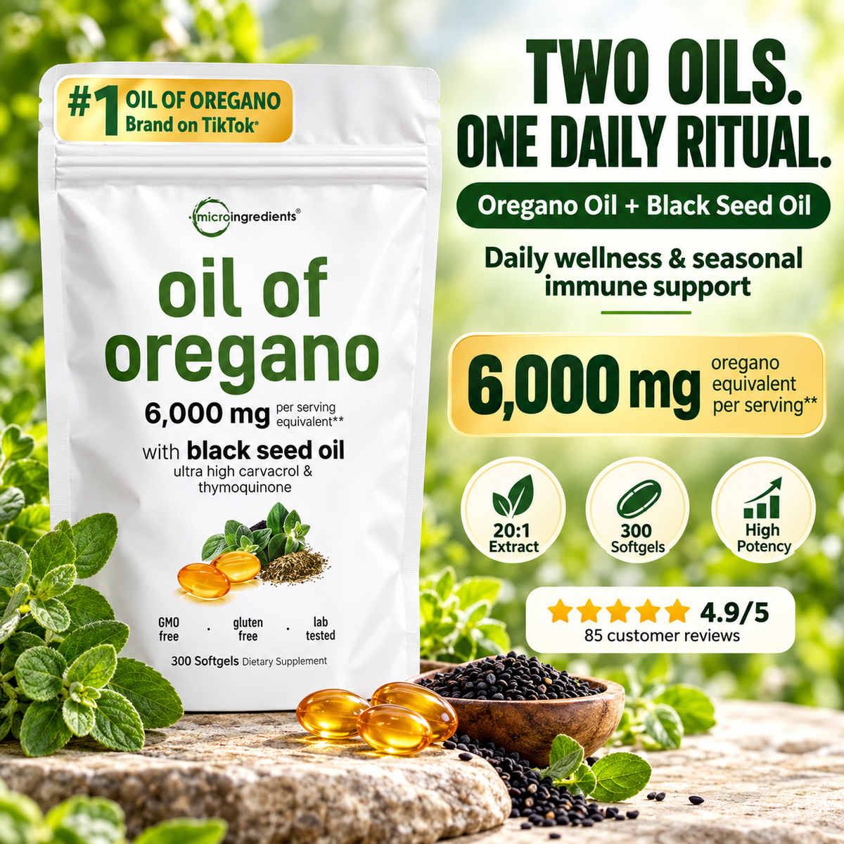 Oil of Oregano with Black Seed Oil – Daily Immune Support, 20:1 Potent Extract, 6,000 mg Equivalent | 300 Softgels