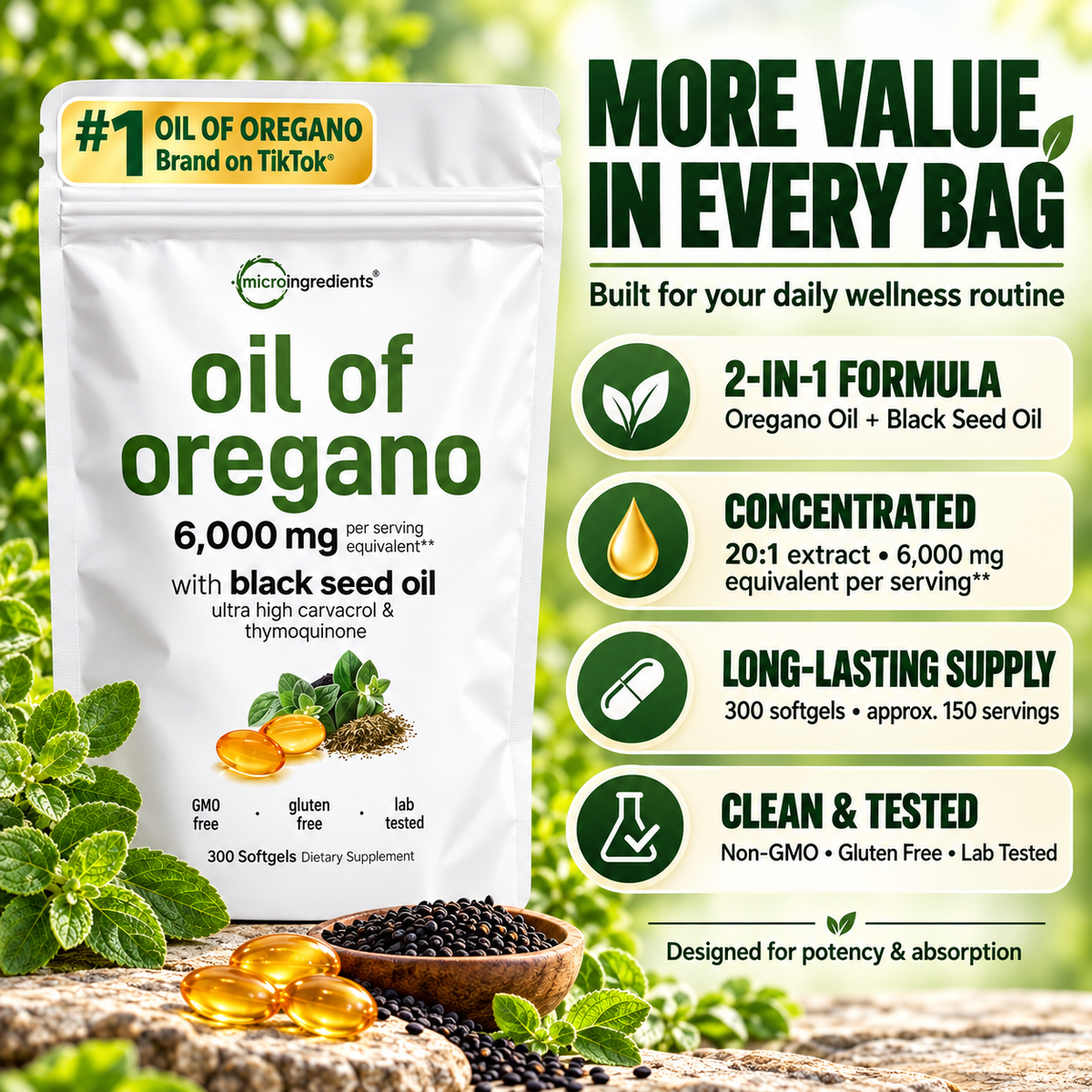 Oil of Oregano with Black Seed Oil – Daily Immune Support, 20:1 Potent Extract, 6,000 mg Equivalent | 300 Softgels