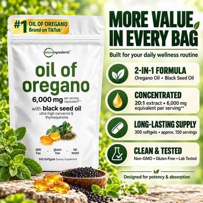 Oil of Oregano with Black Seed Oil – Daily Immune Support, 20:1 Potent Extract, 6,000 mg Equivalent | 300 Softgels