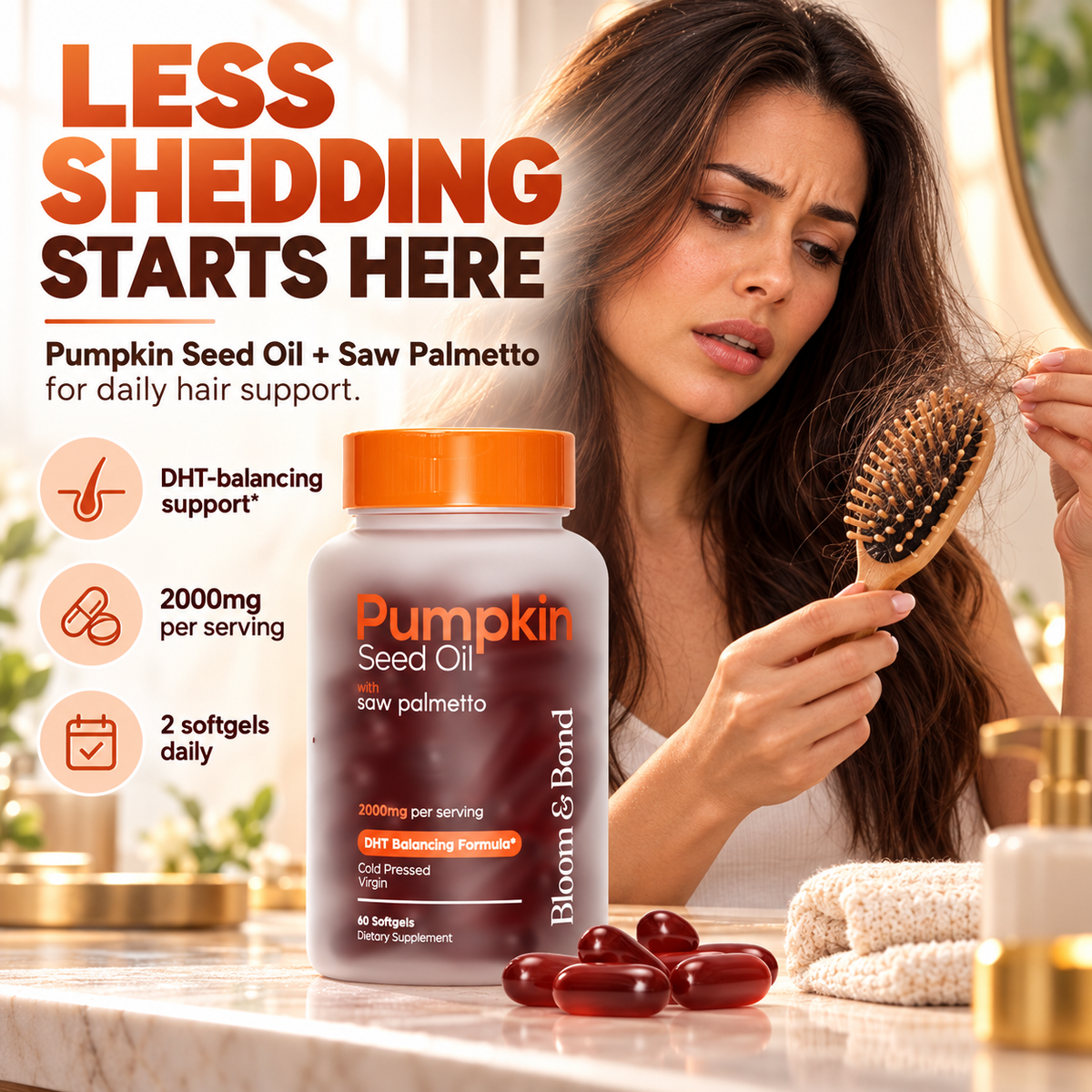 Bloom & Bond Pumpkin Seed Oil 2000mg + Saw Palmetto 200mg | Hair Wellness Support – 60 Softgels