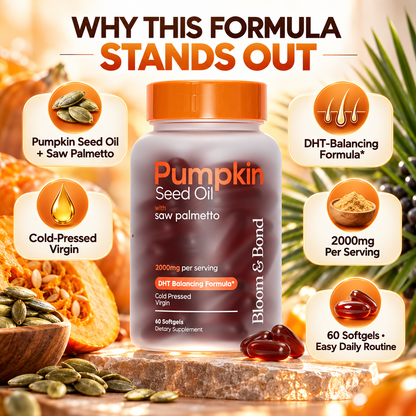Bloom & Bond Pumpkin Seed Oil 2000mg + Saw Palmetto 200mg | Hair Wellness Support – 60 Softgels