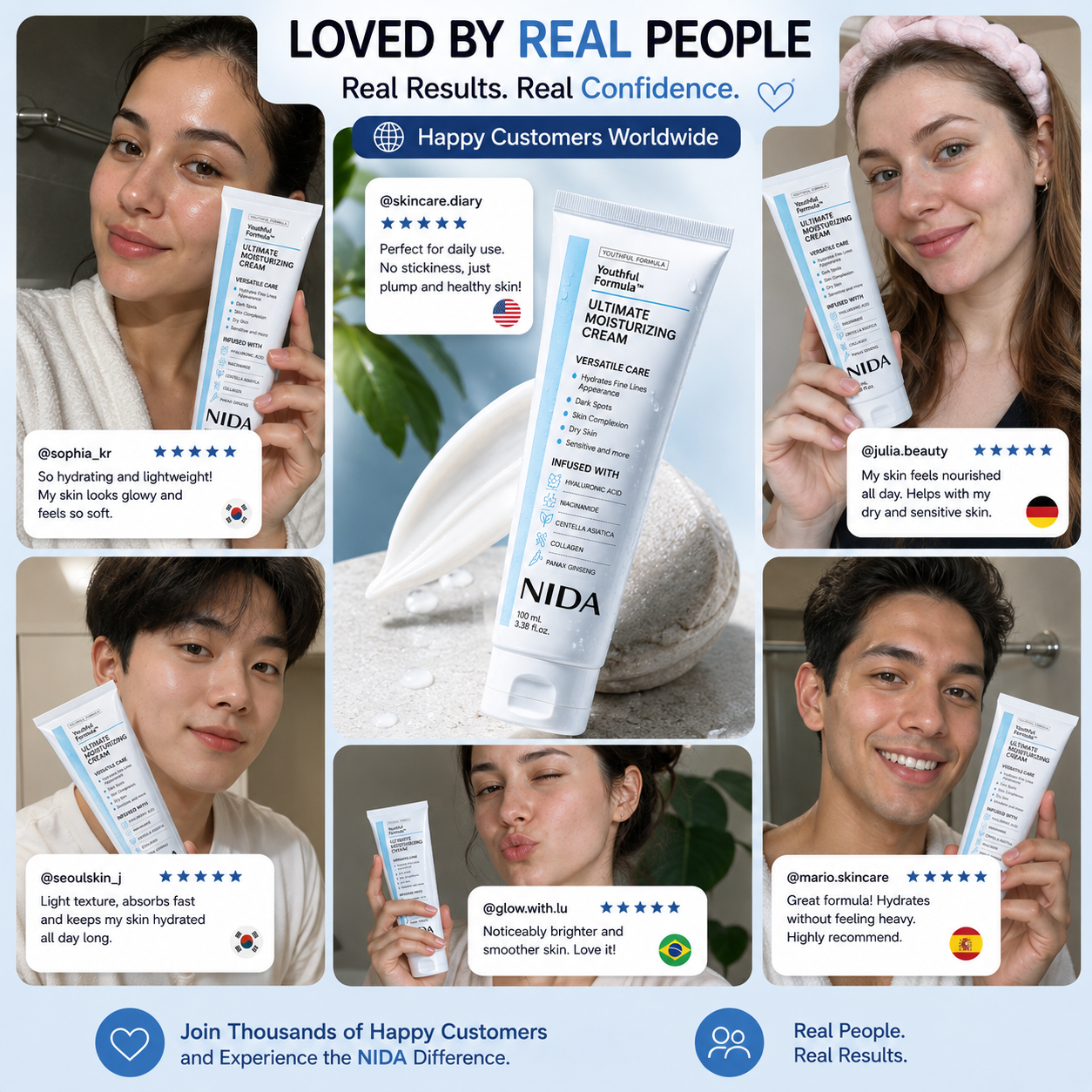 Crema hidratante NIDA Ultimate de CARAMELA BEAUTY USA en frasco con textura cremosa y envase elegante.