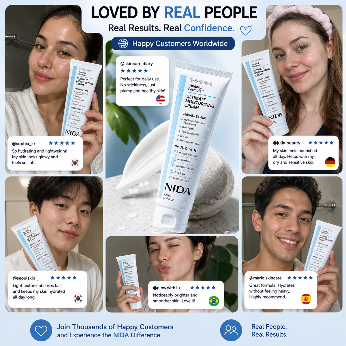 Crema hidratante NIDA Ultimate de CARAMELA BEAUTY USA en frasco con textura cremosa y envase elegante.