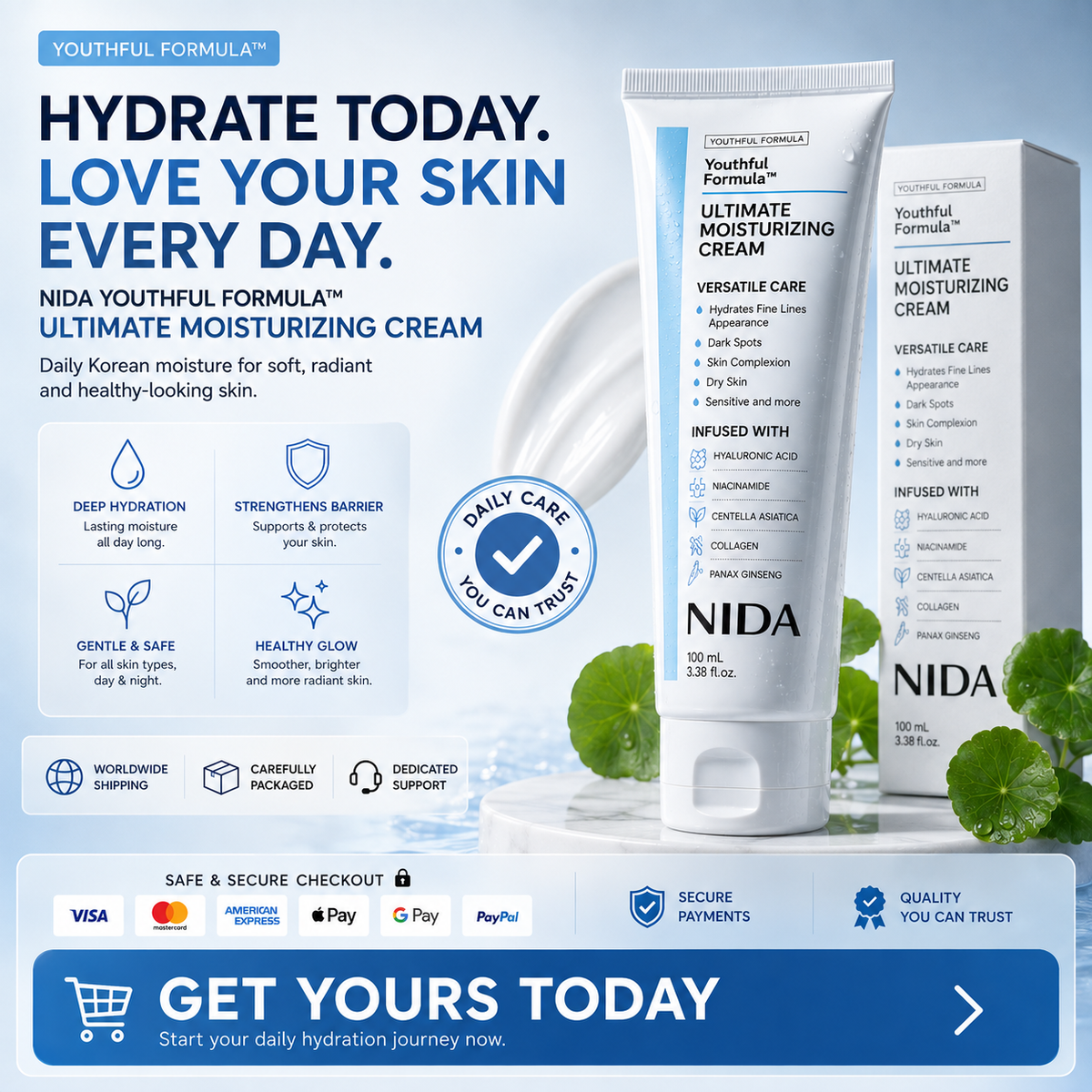 Crema hidratante NIDA Ultimate Moisturizing de CARAMELA BEAUTY USA en frasco con tapa blanca y envase elegante.