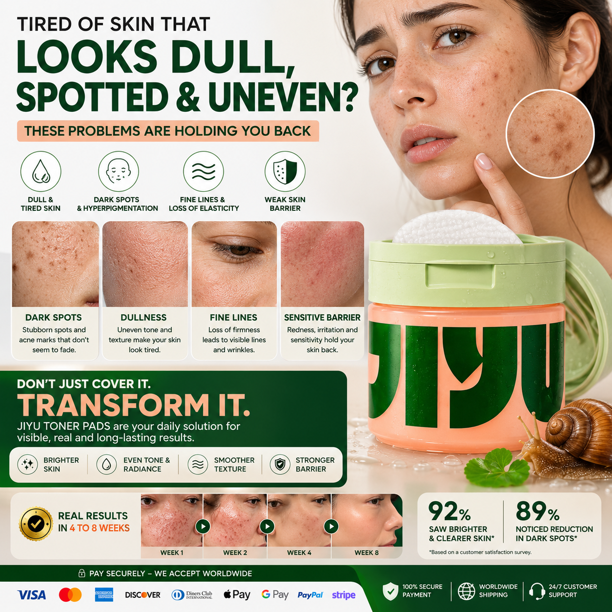 Discos de tónico iluminador coreano CARAMELA BEAUTY USA para manchas oscuras y brillo facial, con textura y envase visible.