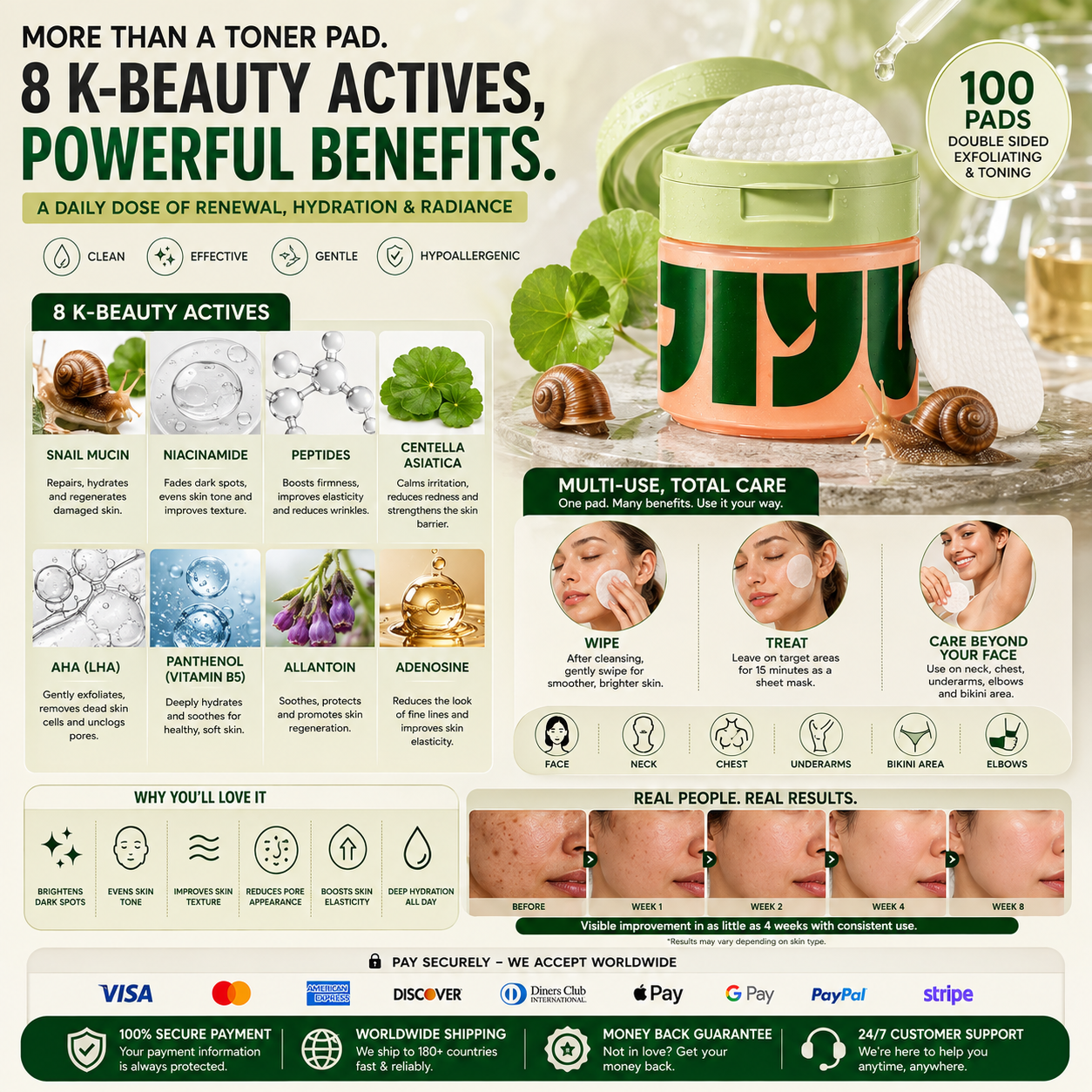 Discos de tónico iluminador coreano CARAMELA BEAUTY USA para manchas oscuras y brillo facial, con textura y envase visibles.
