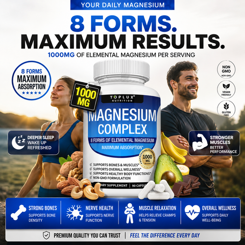 Suplemento Toplux Magnesium Complex 8-in-1 de CARAMELA BEAUTY USA, muestra la botella y cápsulas para apoyo en sueño y bienestar.