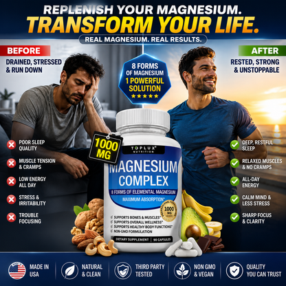 Suplemento Toplux Magnesium Complex 8-in-1 de CARAMELA BEAUTY USA, cápsulas para sueño, músculos y bienestar.