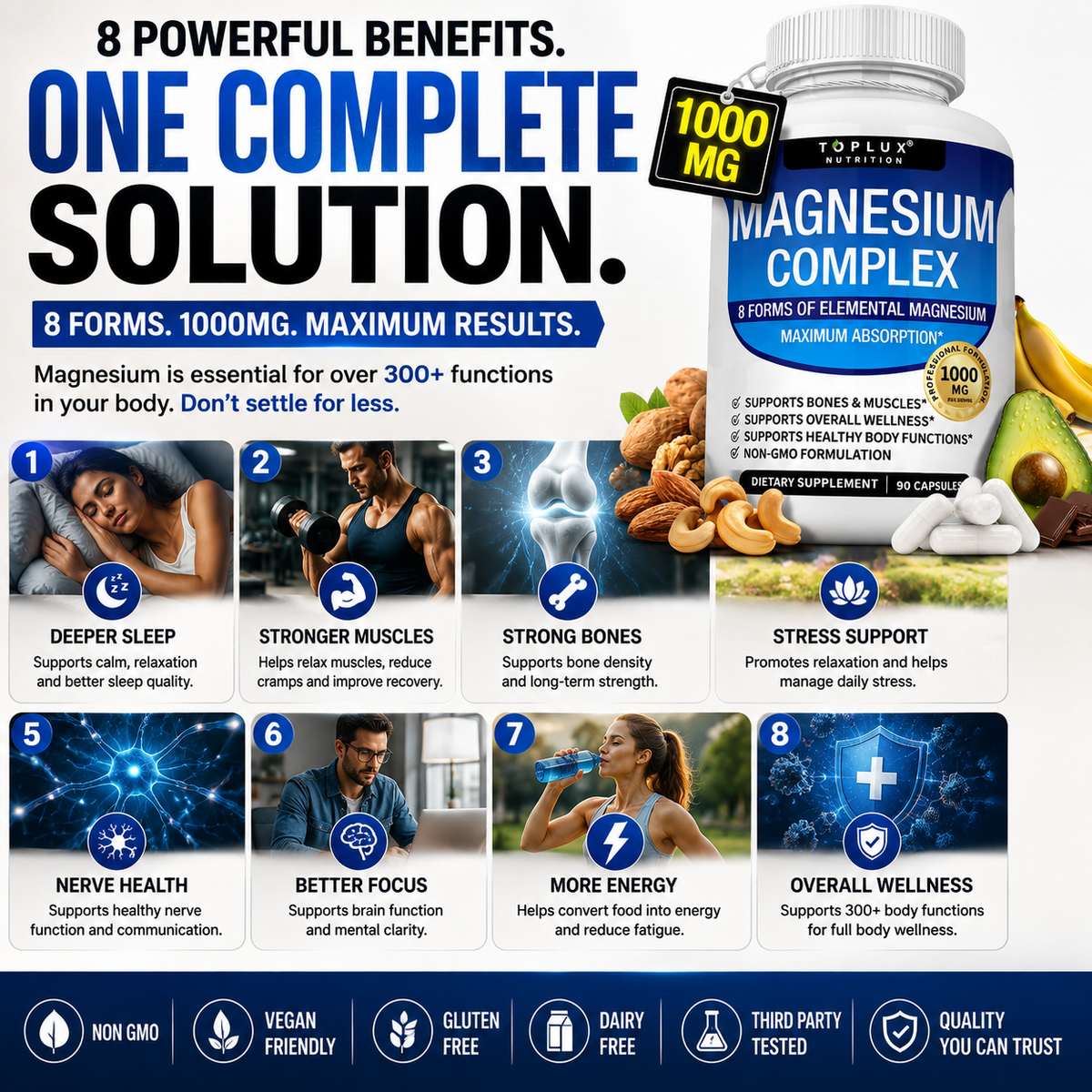 Suplemento Toplux Magnesium Complex 8-in-1 de CARAMELA BEAUTY USA, cápsulas para dormir, músculos y bienestar general.