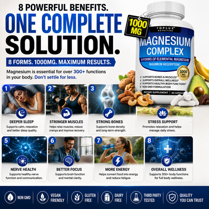 Suplemento Toplux Magnesium Complex 8-in-1 de CARAMELA BEAUTY USA, cápsulas para dormir, músculos y bienestar general.