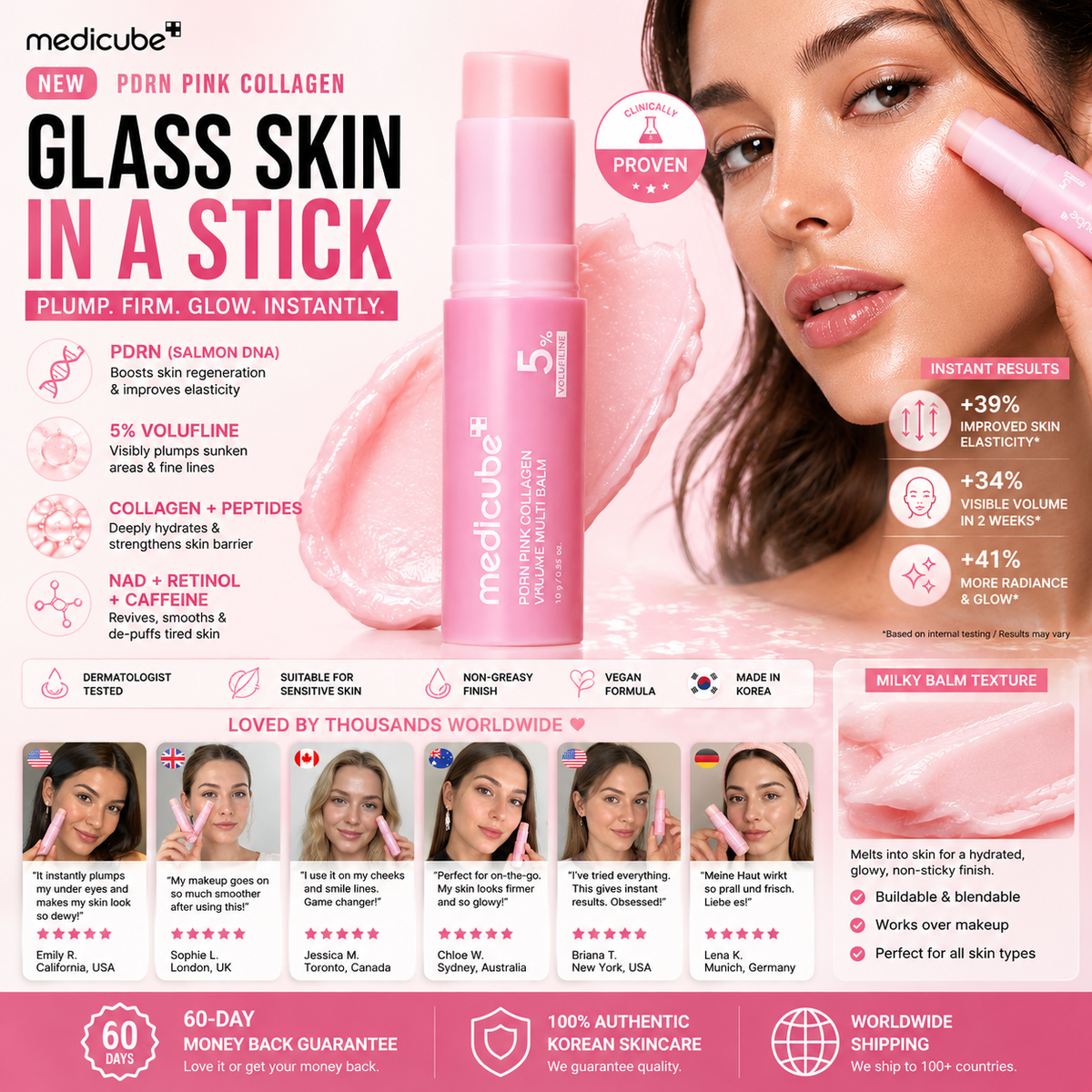 Bastón coreano Medicube PDRN Pink Collagen de CARAMELA BEAUTY USA para brillo instantáneo y firmeza en la piel.