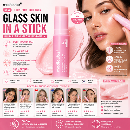 Bastón coreano Medicube PDRN Pink Collagen de CARAMELA BEAUTY USA para brillo instantáneo y firmeza en la piel.