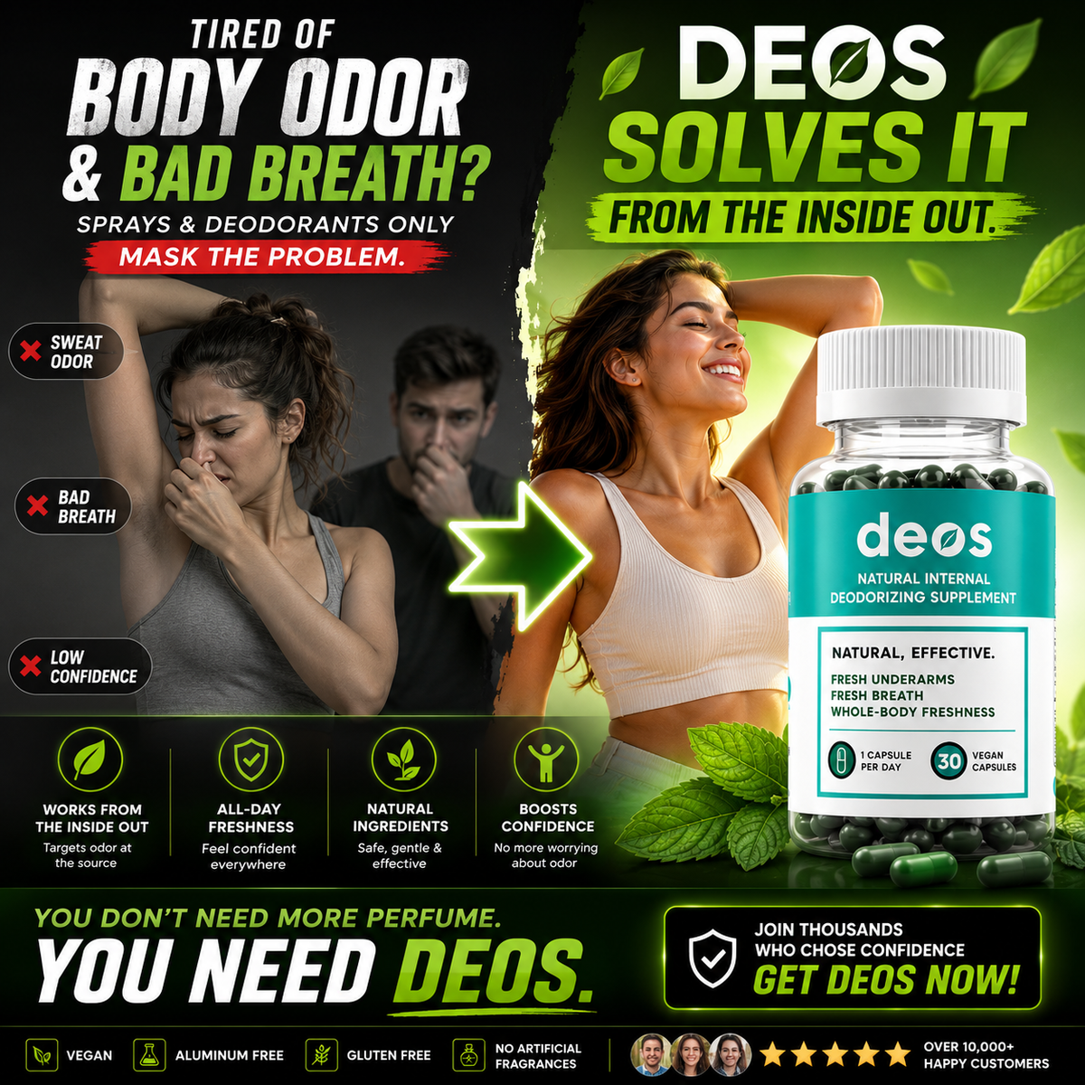Suplemento interno desodorante DEOS™ de CARAMELA BEAUTY USA, con cápsulas que ayudan a sentirte fresco desde dentro.