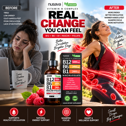 Suplemento líquido de complejo B para energía y concentración de CARAMELA BEAUTY USA, con B12, B6 y B1 en un frasco.