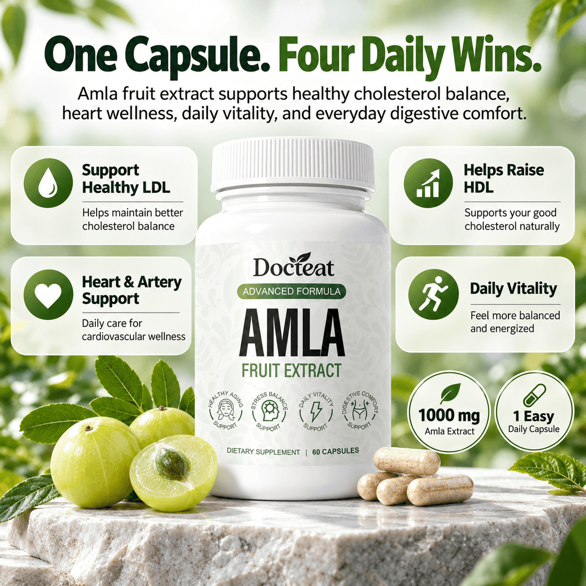 Docteat Amla Fruit Extract, extracto de grosella espinosa de la India, presentación del suplemento.