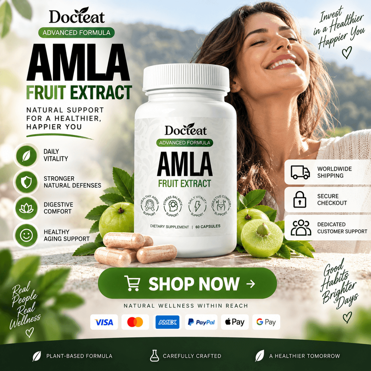 Docteat Amla Fruit Extract, extracto de grosella espinosa de la India, presentación del suplemento.