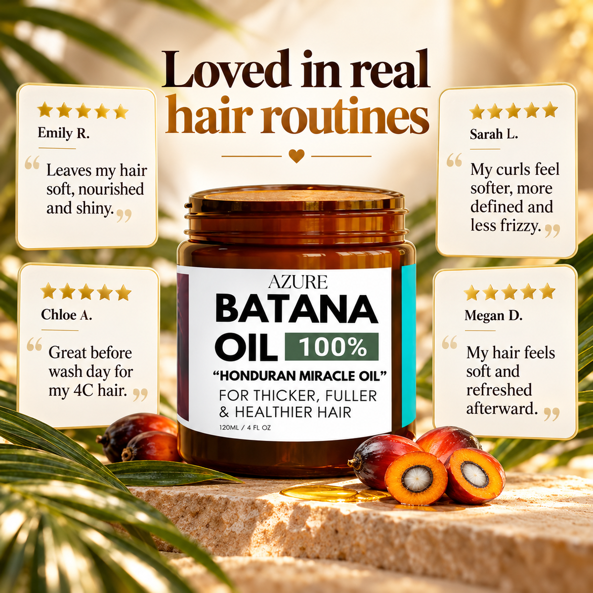Customer-submitted AZURE Batana Oil review excerpts and original product jar