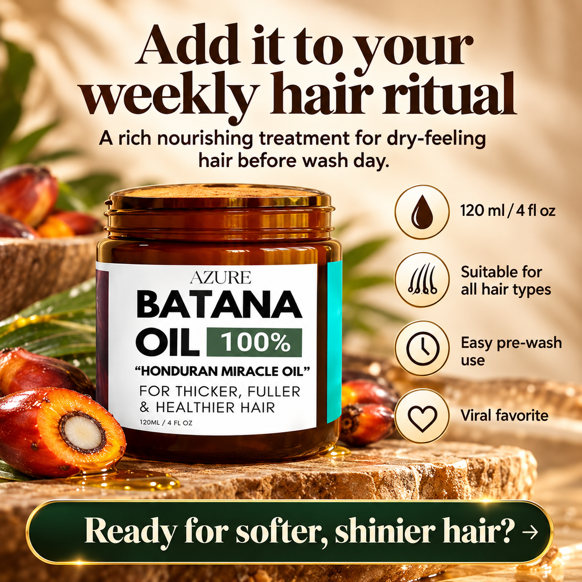 AZURE Batana Oil 100% pre-wash hair treatment — 120 ml jar