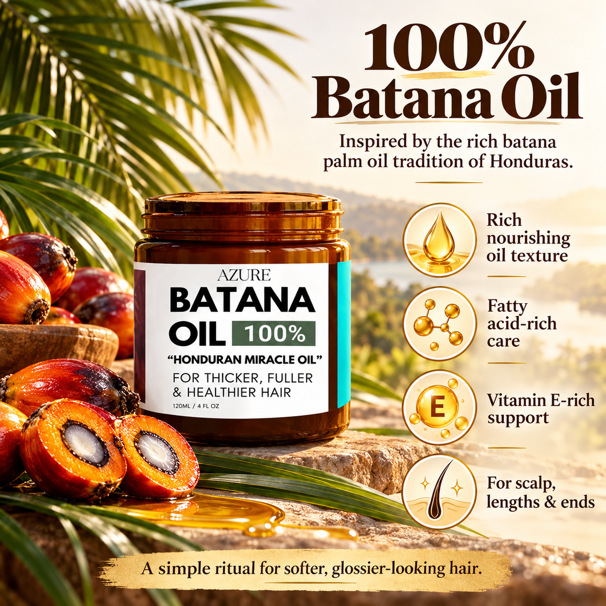AZURE Batana Oil 100% | Nourishing Pre-Wash Treatment for Dry, Frizzy Hair – 120 ml