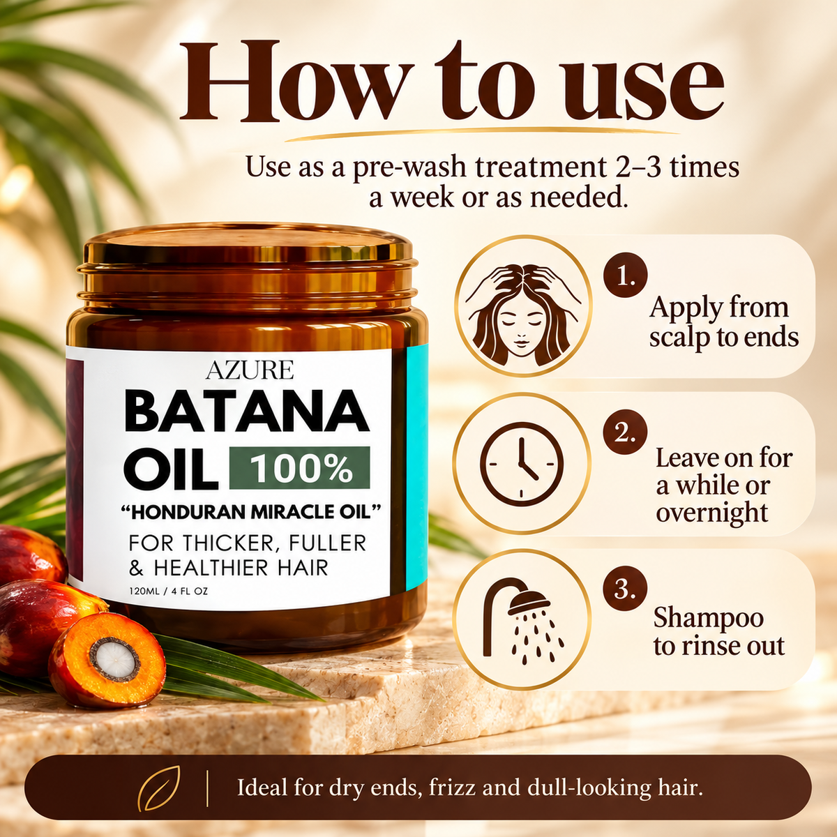 AZURE Batana Oil 100% | Nourishing Pre-Wash Treatment for Dry, Frizzy Hair – 120 ml