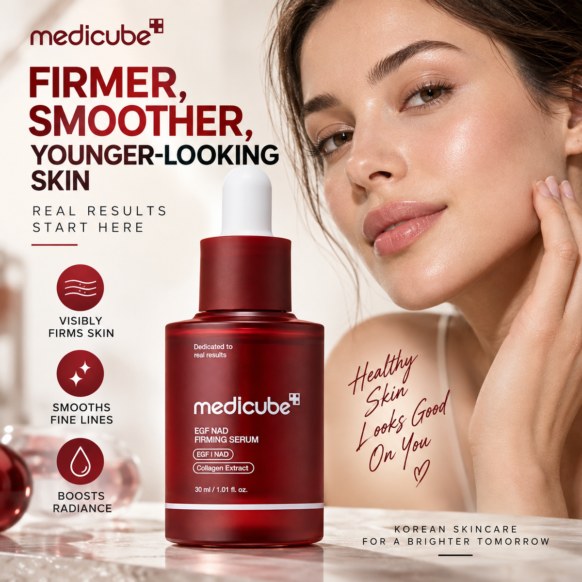 Medicube EGF NAD+ Firming Serum, sérum facial en frasco con gotero para rutina cosmética.