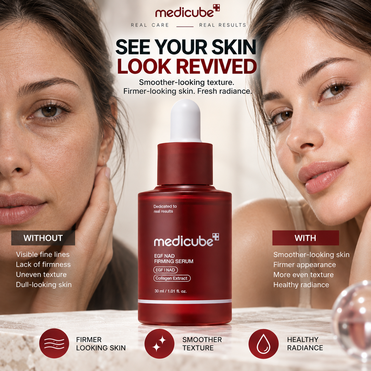 Medicube EGF NAD+ Firming Serum, sérum facial en frasco con gotero para rutina cosmética.