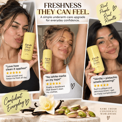 Día y noche, crema hidratante Fresh That Lasts™ Vanilla y Pistacho de CARAMELA BEAUTY USA en envase blanco y detalles dorados.