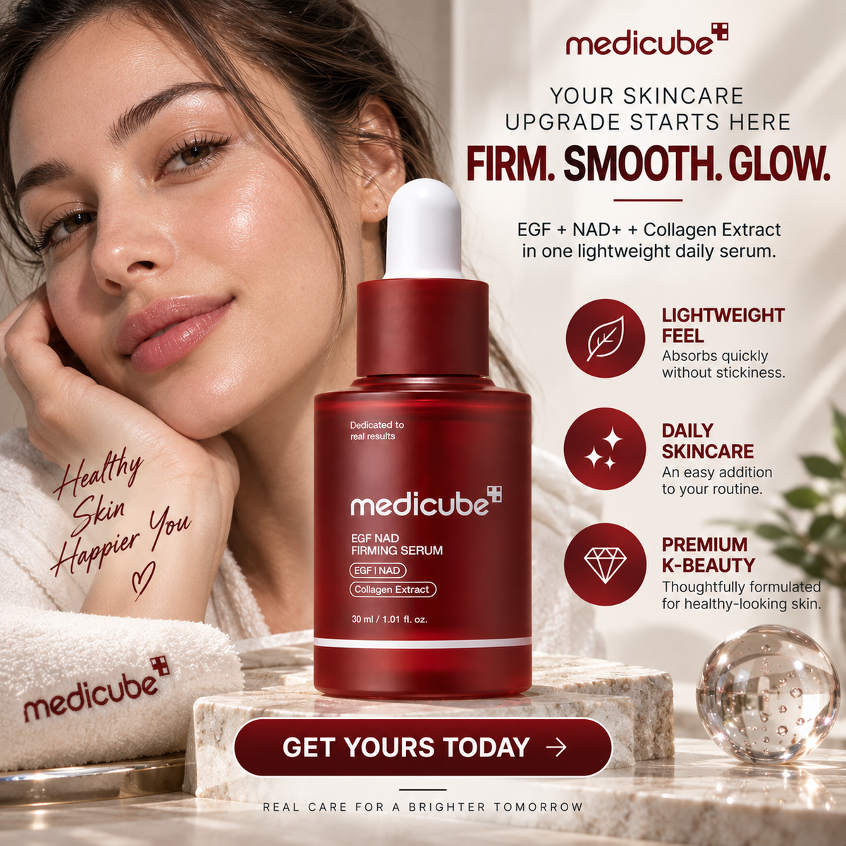 Medicube EGF NAD+ Firming Serum, sérum facial en frasco con gotero para rutina cosmética.