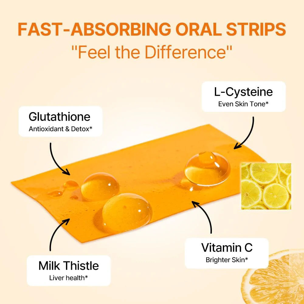 Tiras de Liposomal Glutathione de CARAMELA BEAUTY USA, suplemento antioxidante y para potenciar el brillo de la piel.
