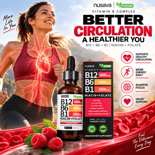 Suplemento líquido de complejo B para energía y claridad mental, de la marca CARAMELA BEAUTY USA, en botella con gotas.