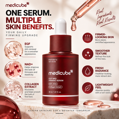 Medicube EGF NAD+ Firming Serum, sérum facial en frasco con gotero para rutina cosmética.